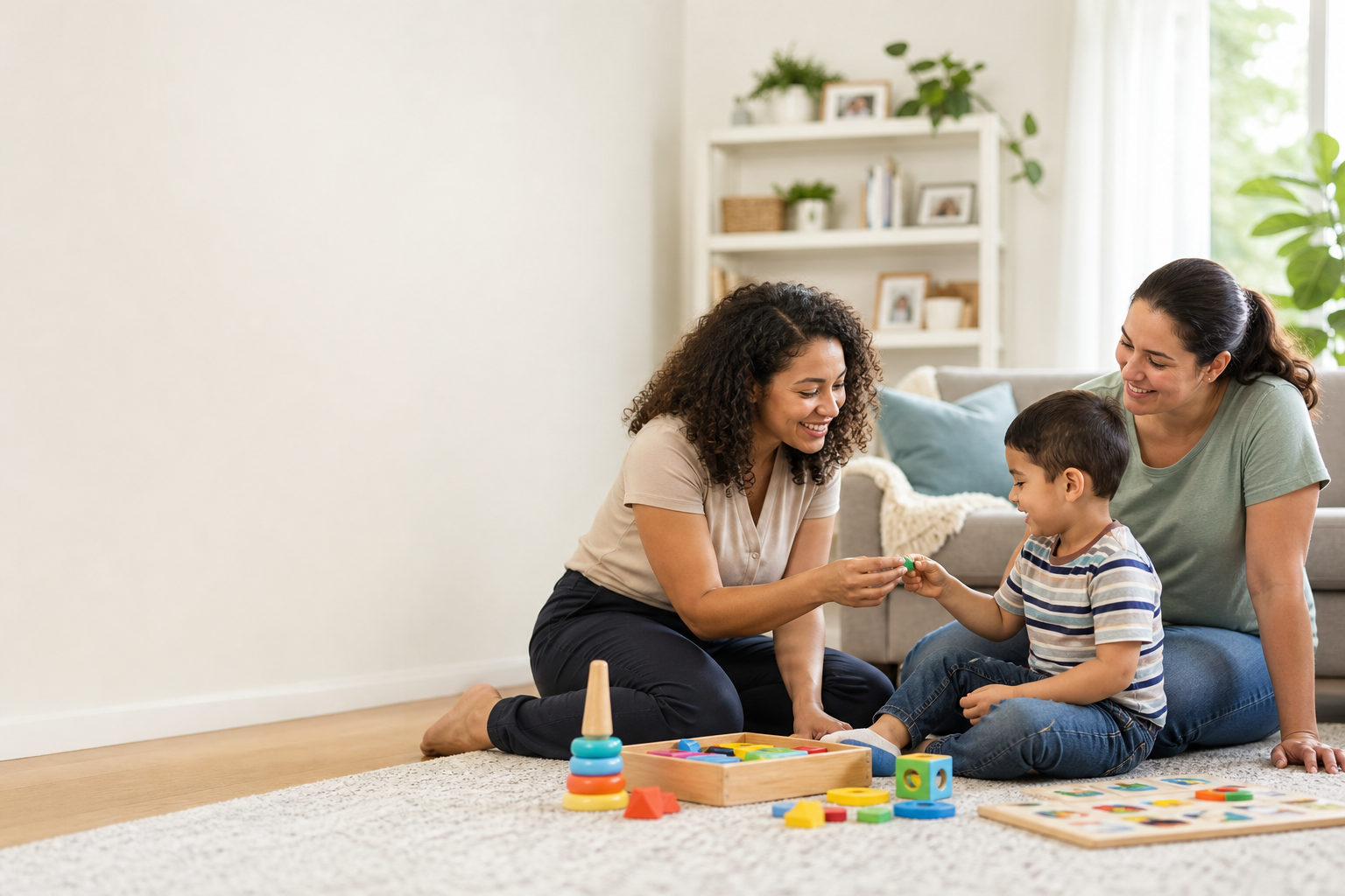 A caregiver and parent smiling while a child plays with colorful toys during a home visit