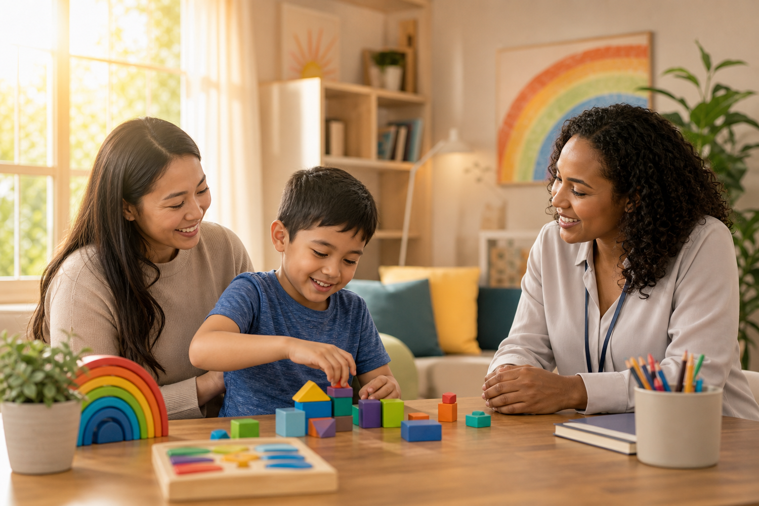A parent and ABA therapist smiling with a child while playing with colorful building blocks