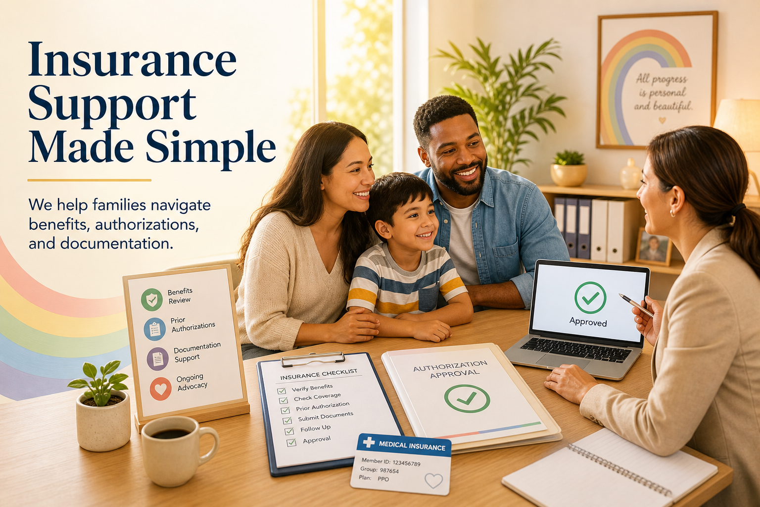 Insurance Support Made Simple: a family meeting with an insurance specialist to review benefits and authorization approval