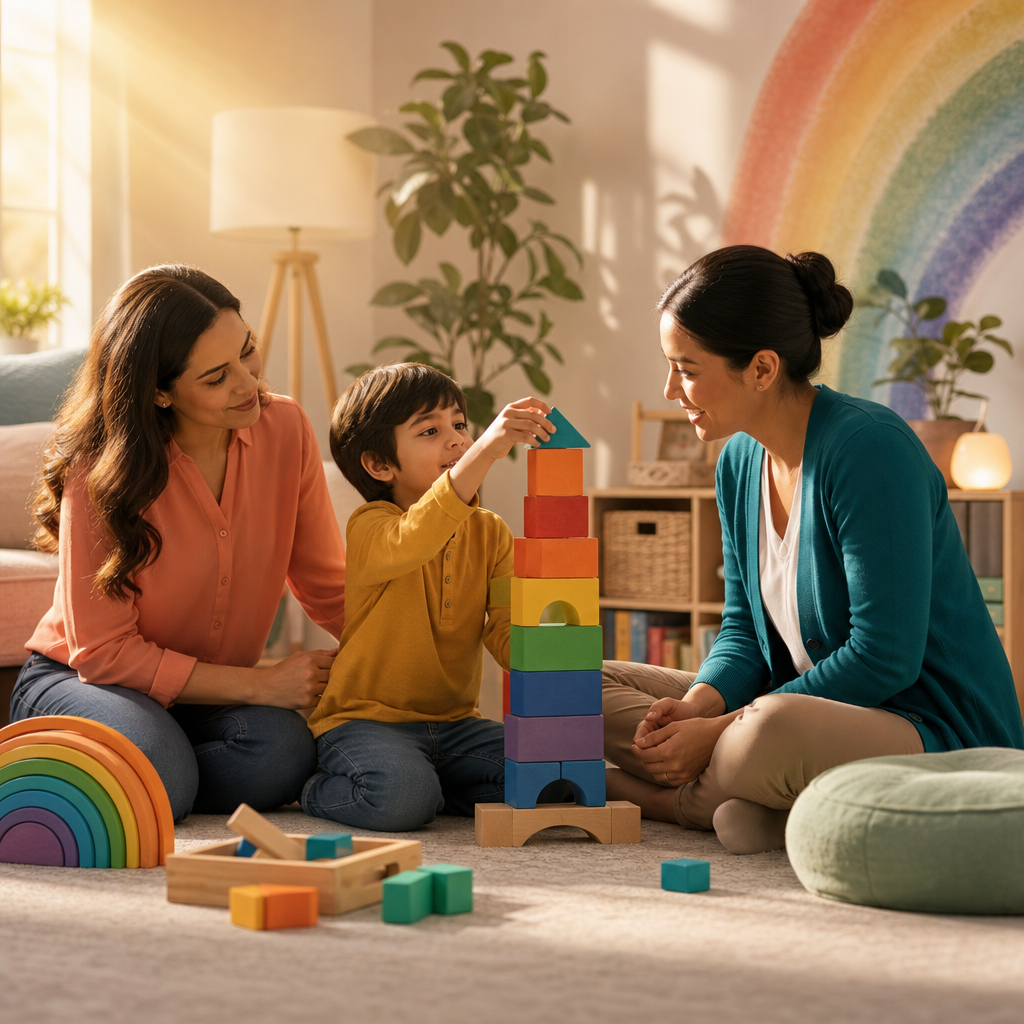 A mother and therapist smiling with a child while stacking colorful blocks together