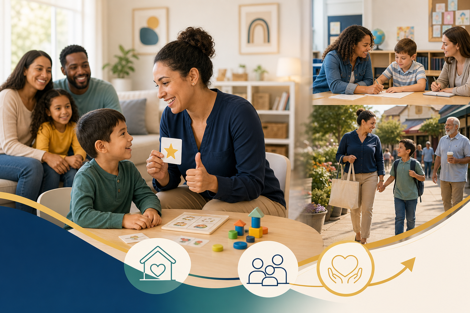 Collage of a family at home, a child working with a teacher at school, and a family walking together in the community